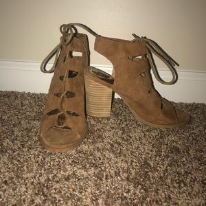 Beige lace up open toe bootie sandals